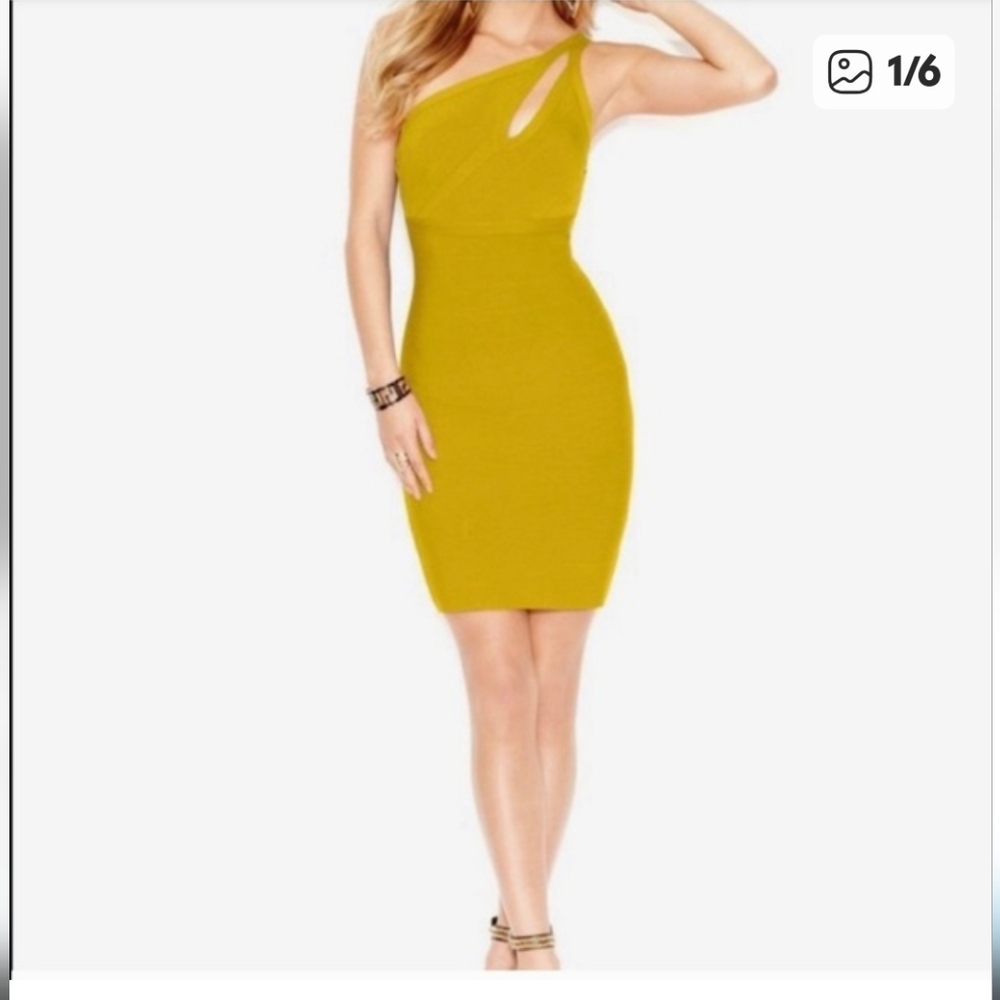 Bandage Mini Dress Yellow One Strap With Cut-out, Fitted, Stretchy.